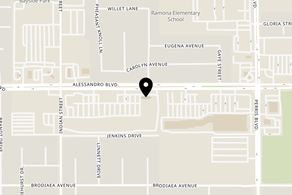 Map showing the location of Big Guy's Pizza, Pasta and Sports Bar on 24735 Alessandro Blvd in Moreno Valley
